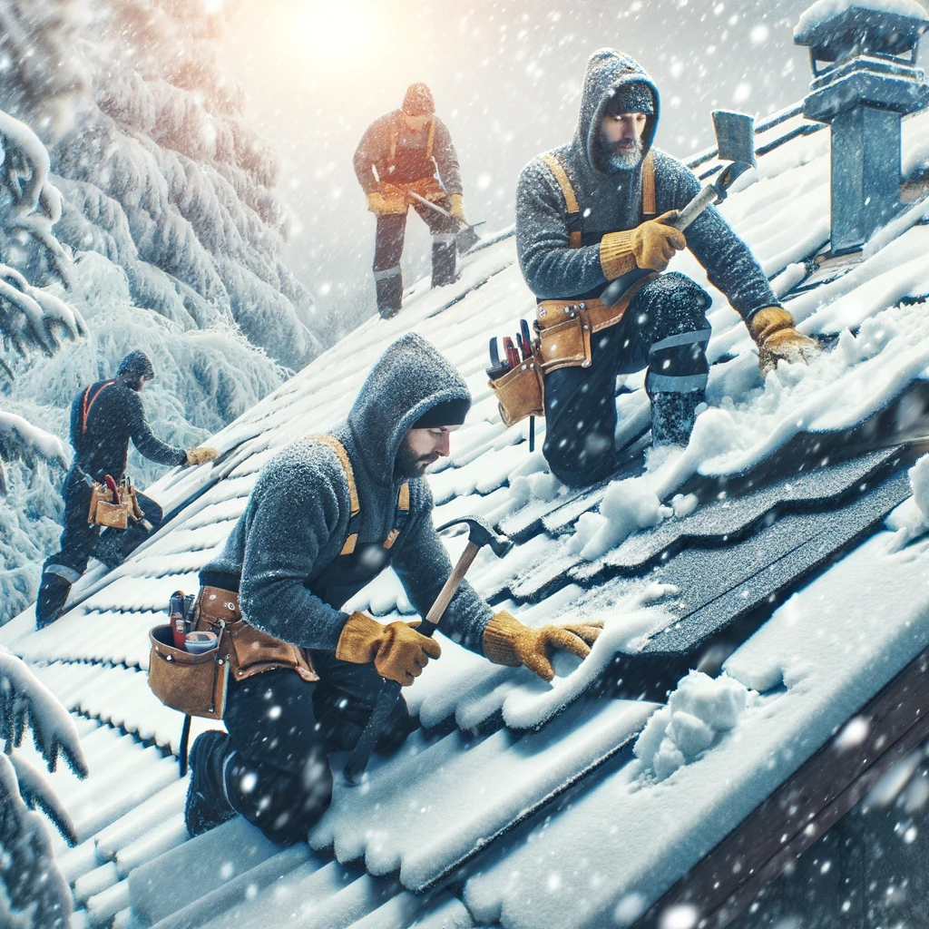 Snow damage roof repair. A professional team of roofers repairs a roof that has snow damage