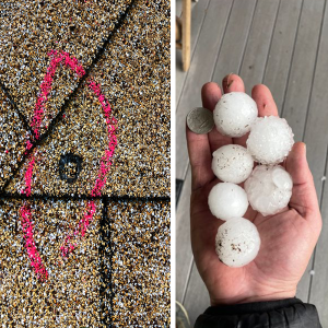 Image of Hail Damage and a picture of a roof that needs repair after hail damage