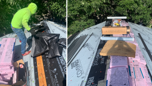Photo of Legacy Roofers' team in action, replacing a residential roof. The image shows several roofers, equipped with safety gear, working together on a sunny day to install new shingles on a suburban home