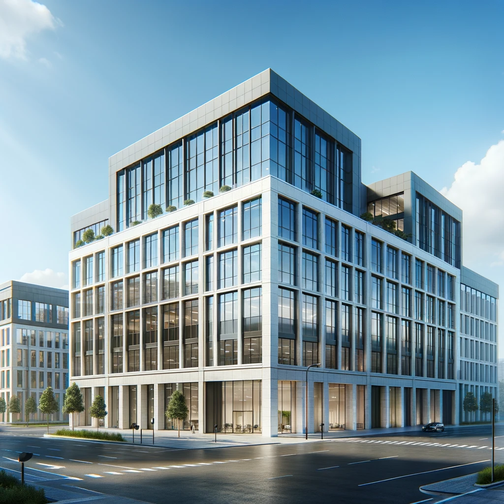 Modern office building showcasing roofing for office buildings, with a newly installed, energy-efficient roof designed for professional settings under a clear blue sky.
