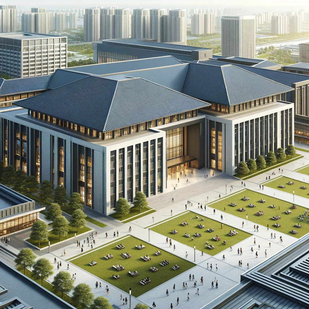 Modern educational institution with advanced roofing for educational institutions, featuring expansive green lawns and contemporary architecture, symbolizing durability and aesthetic appeal.