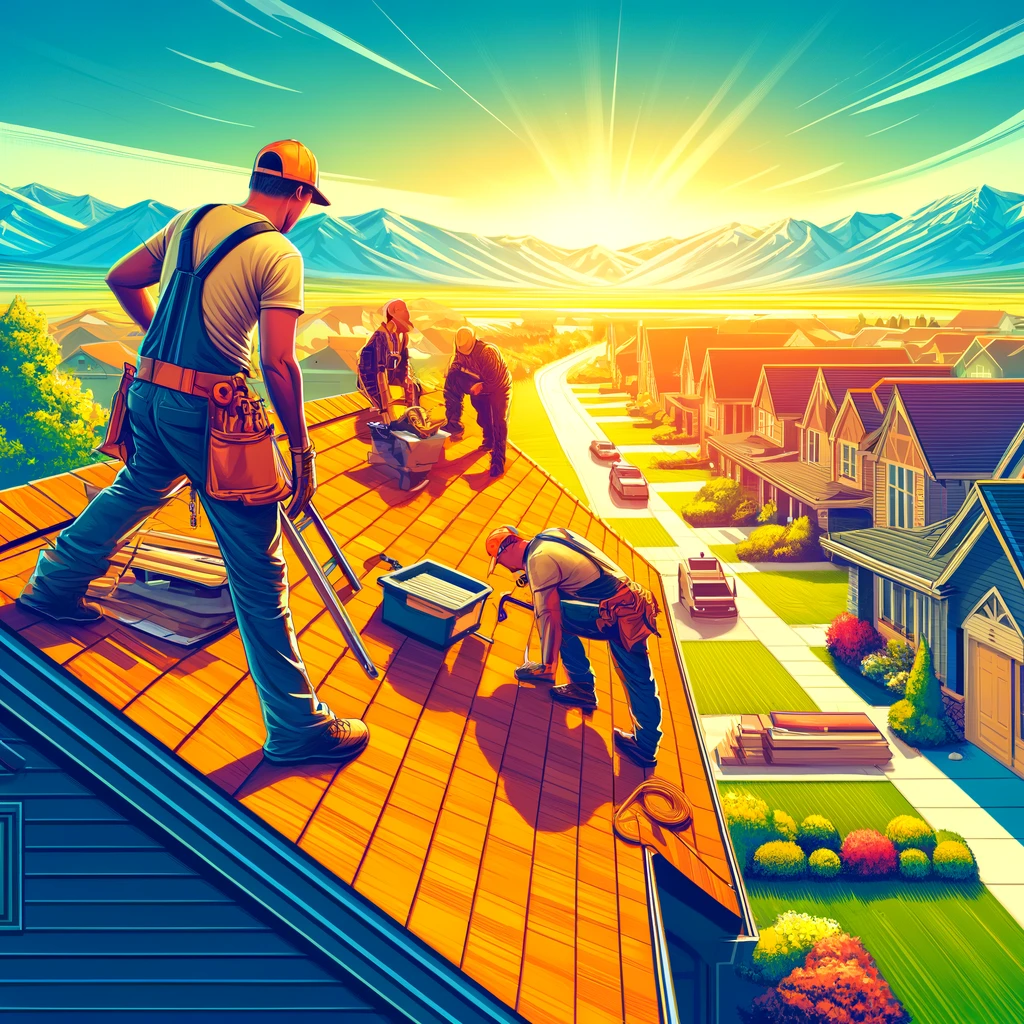 AI generated Professional roofing team at work in Erie, Colorado, showcasing their expertise with a scenic backdrop of the local community.